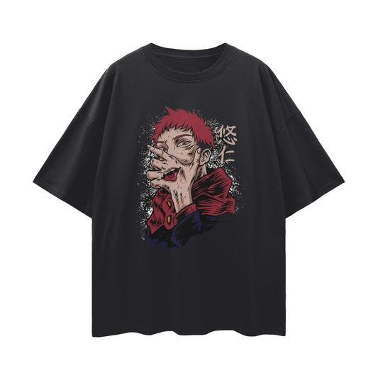Anime Streetwear - Loose Drop Shoulder - Black T-Shirt